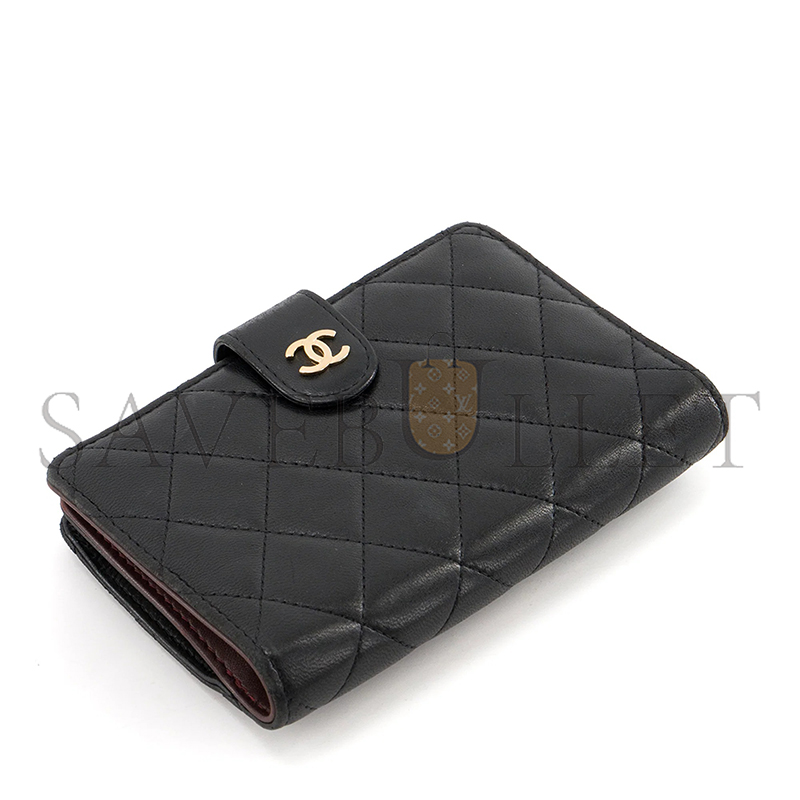 CHANEL BLACK QUILTED LAMBSKIN LEATHER L-ZIP COMPACT FRENCH PURSE WALLET A48667 (15*10*2.5cm)